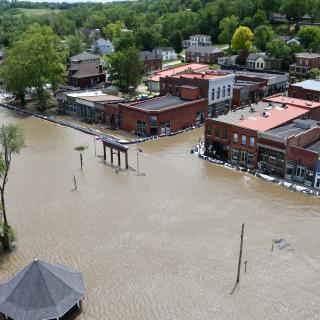 Sandbags surround the riverfront town of Clarksville, MO